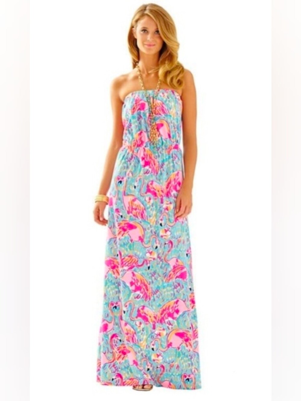 Lilly Pulitzer Women’s Marlisa Smocked Maxi Dress Flamingo Floral Pink and eat S